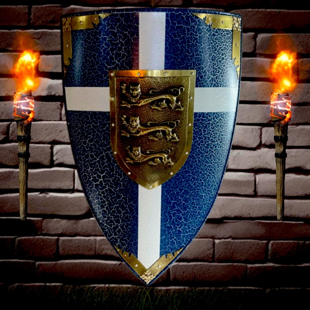 Knight Templar Shield 3 Lions Emblem Lightening Blue Metal 30 x 19 Shield Rare